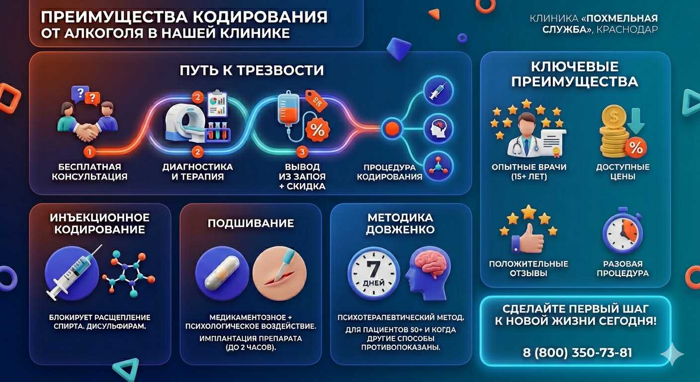 Инфографика о методах кодирования от алкоголя в Бугульме: инъекции, подшивание, метод Довженко. Преимущества клиники и этапы лечения.