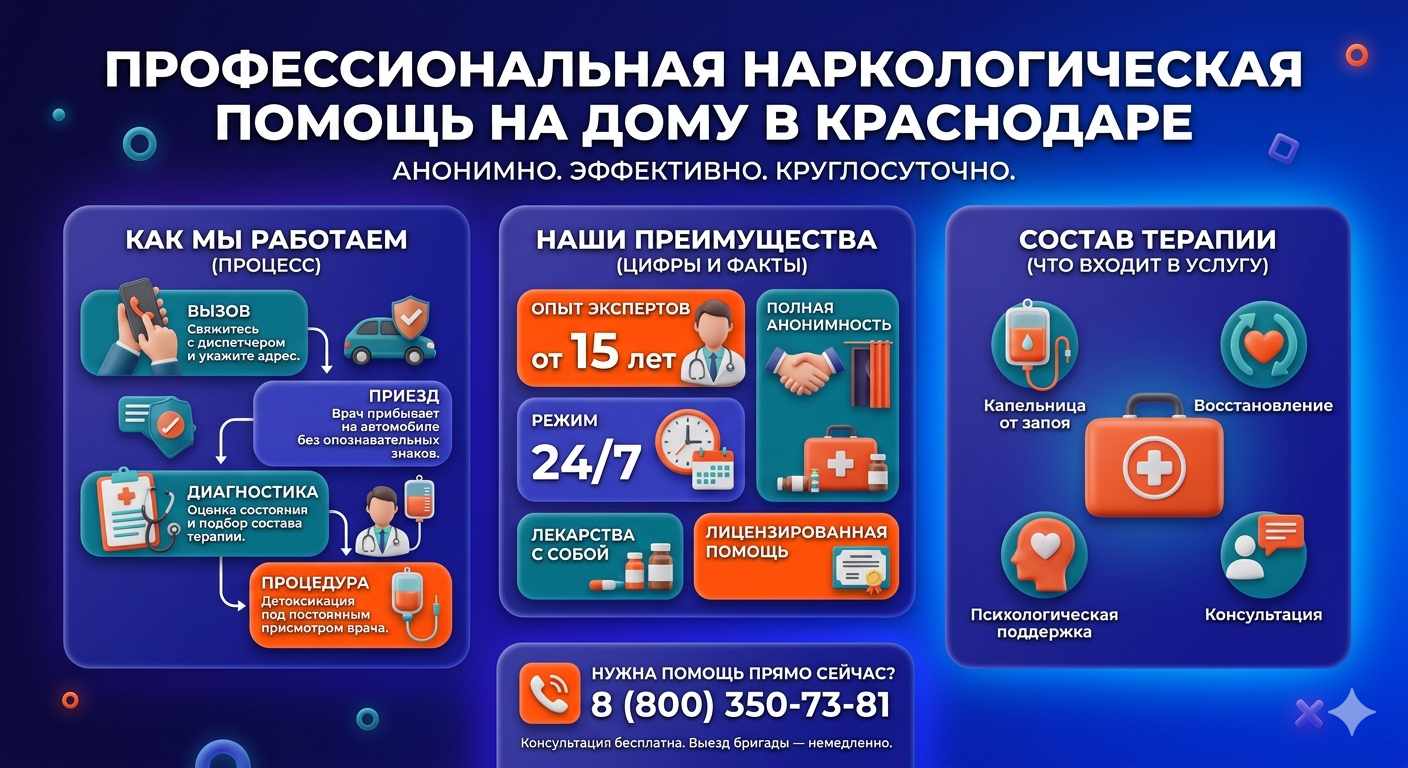 Инфографика о принципах лечения алкоголизма на дому в Бугульме: этапы вызова нарколога, преимущества анонимной детоксикации и состав медицинской помощи.